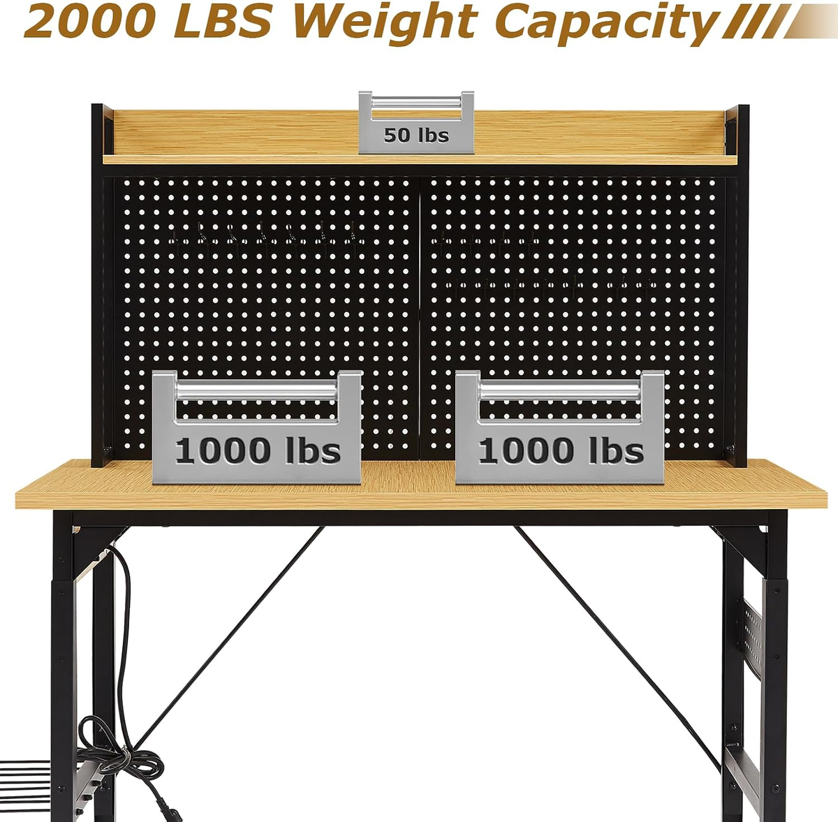Adjustable Height Workbench Built for Heavy Duty Projects, 48 Inch Wood Top, 2000 LB Capacity, Rolling Wheels