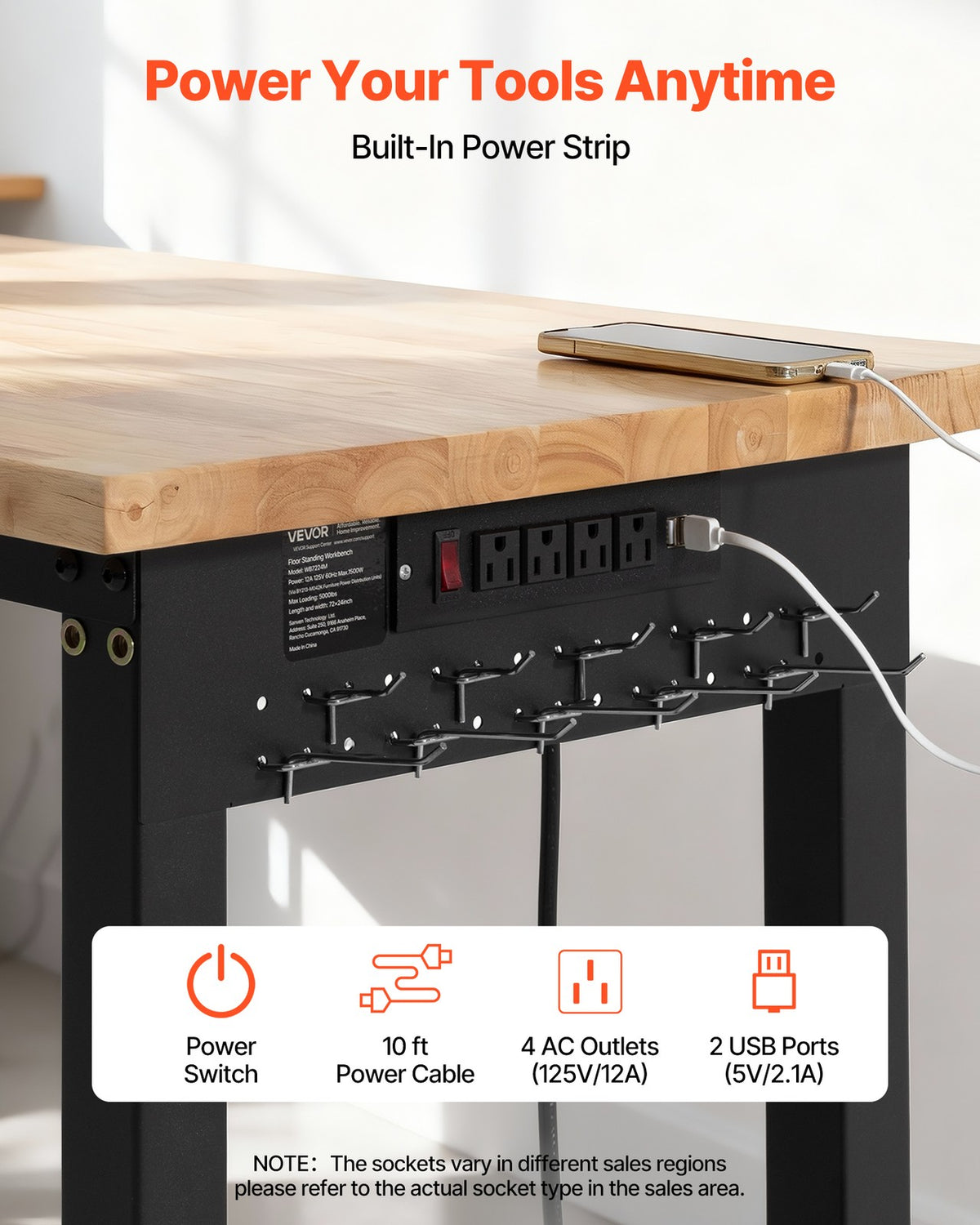 VEVOR Adjustable Workbench 72 X 24 in Oak Wood Top Workbench with Power Outlets