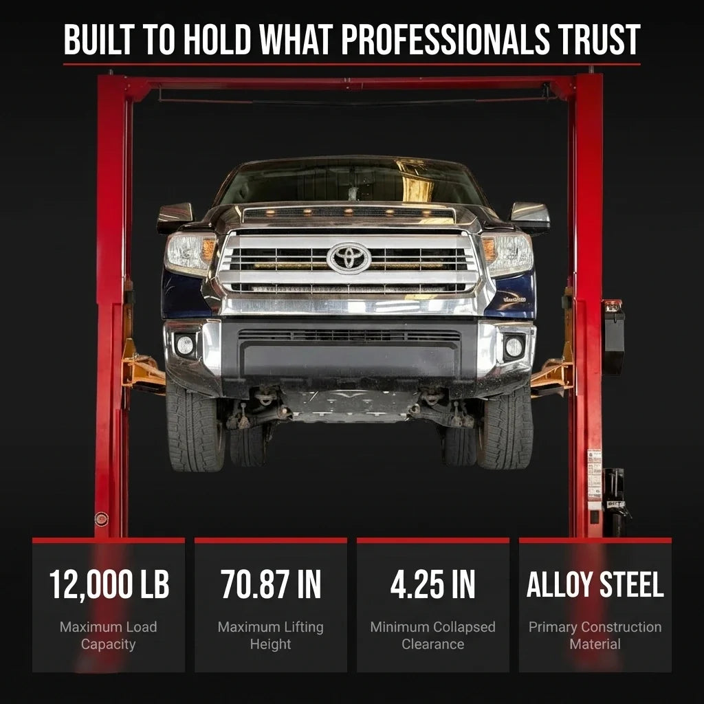 2-Post Car Lift Built for Professional Service, 12000 Lb Capacity, 70.87 Inch Height, Dual Hydraulic Drive — Results & Stats