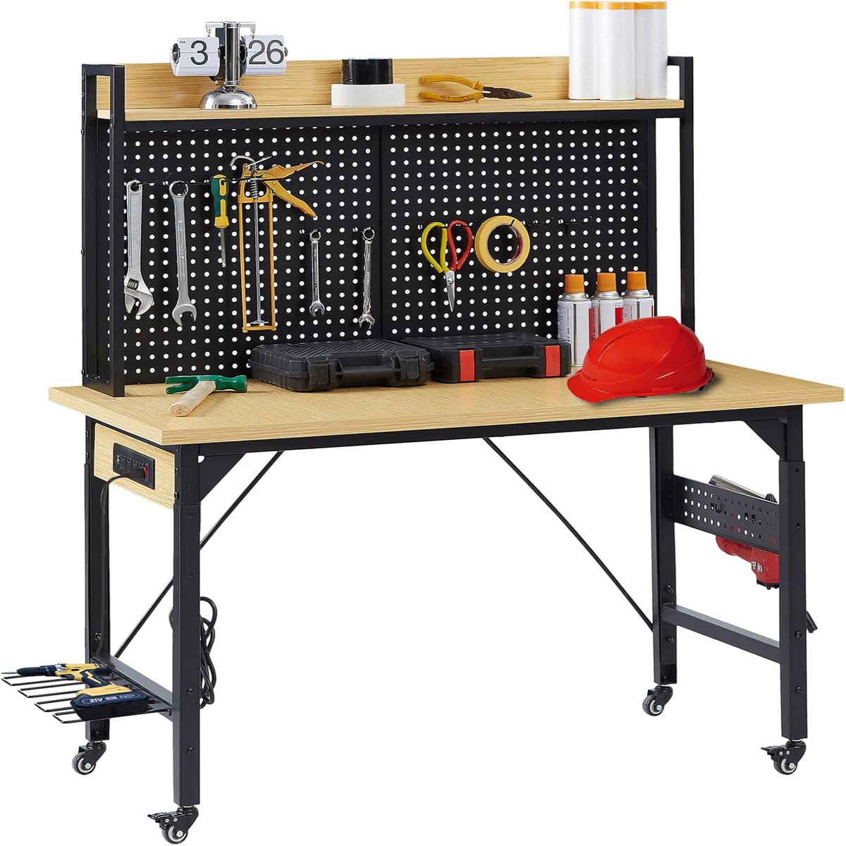 Adjustable Height Workbench Built for Heavy Duty Projects, 48 Inch Wood Top, 2000 LB Capacity, Rolling Wheels