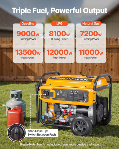 Portable Generator, Gasoline 13500W Peak Watt, LPG 12000W Peak Watt & Natural Gas 11000W Peak Watt Tri-Fuel Generator, Home Backup Generators with Electric Start, Gas, LPG & Natural Gas Powered