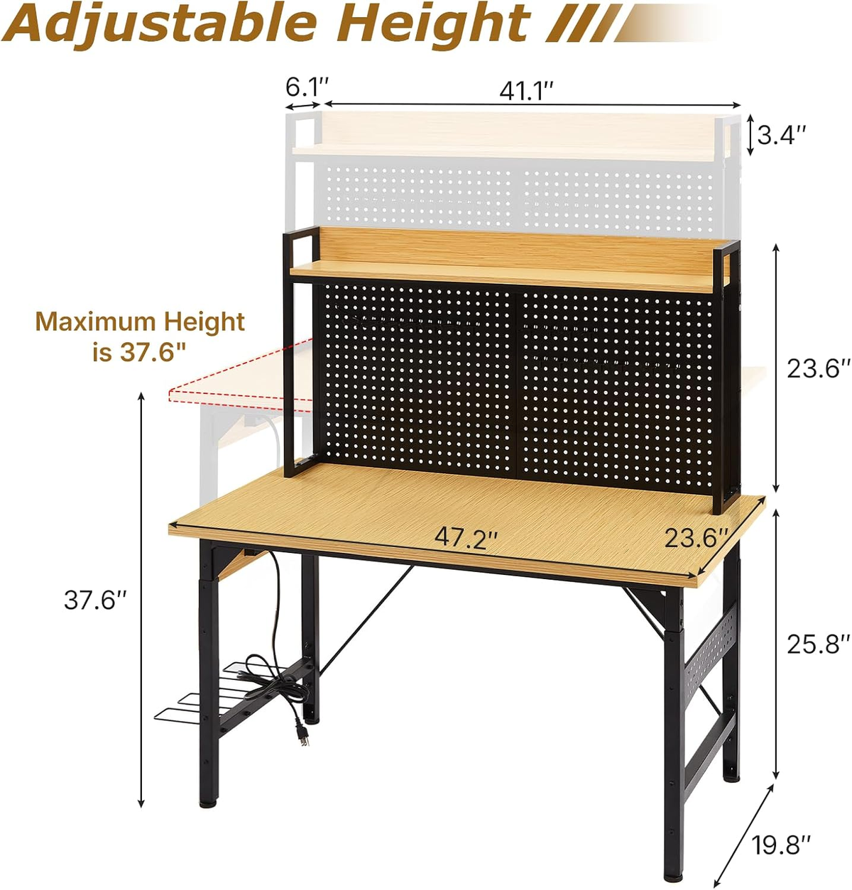 Adjustable Height Workbench Built for Heavy Duty Projects, 48 Inch Wood Top, 2000 LB Capacity, Rolling Wheels