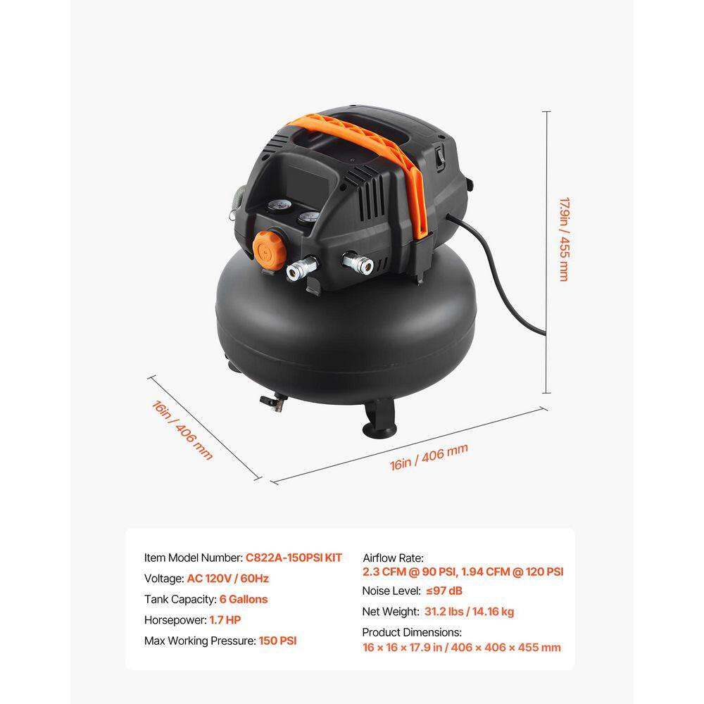 6 Gal. Gas Air Compressor, 1.7HP 2.3CFM Portable Pancake Air Compressor 150PSI Max Pressure