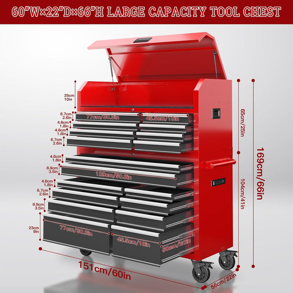 Rolling Tool Chest Built for Professional Storage, 18-Drawer, Cold-Rolled Steel, Detachable Top Box