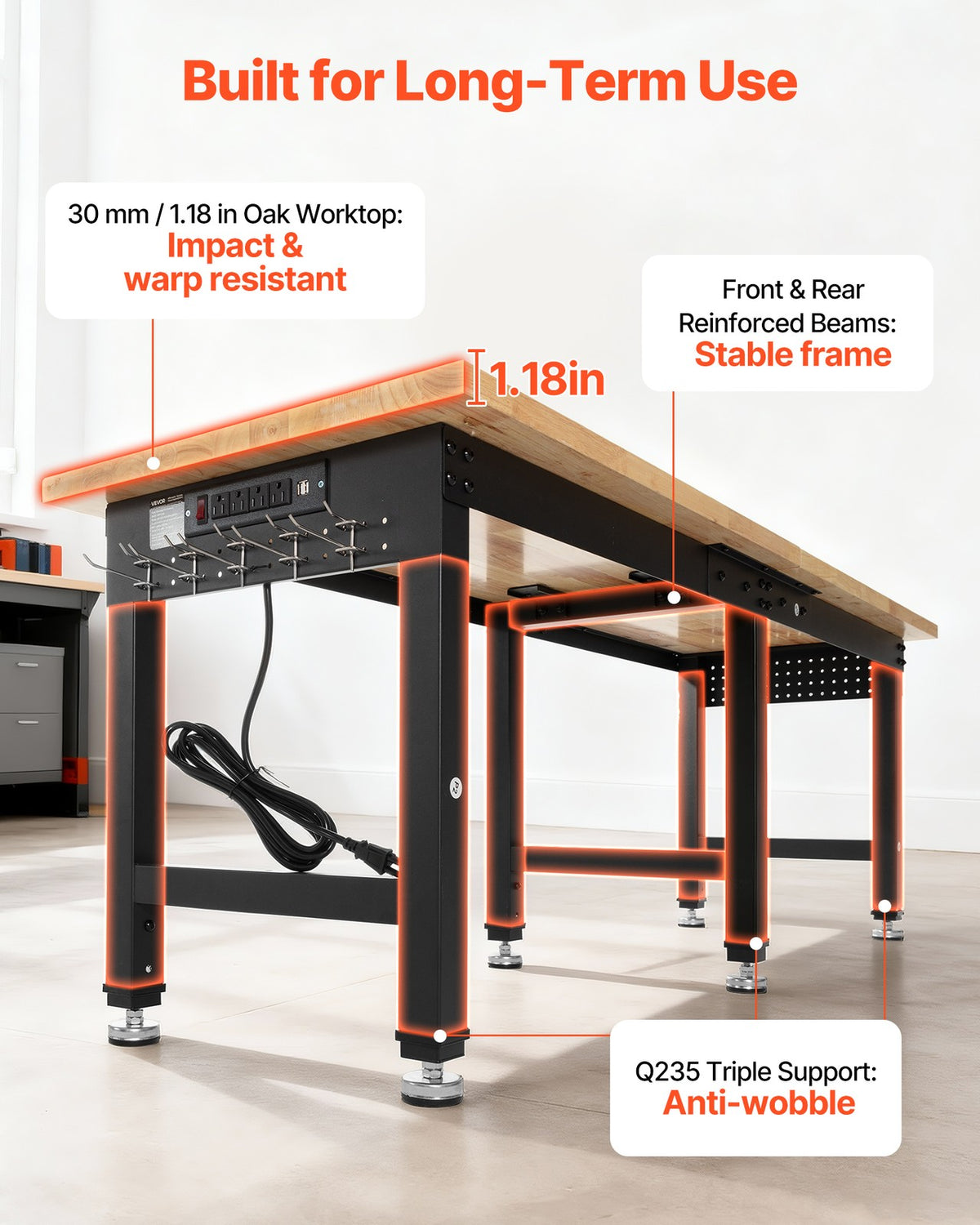 VEVOR Adjustable Workbench 72 X 24 in Oak Wood Top Workbench with Power Outlets