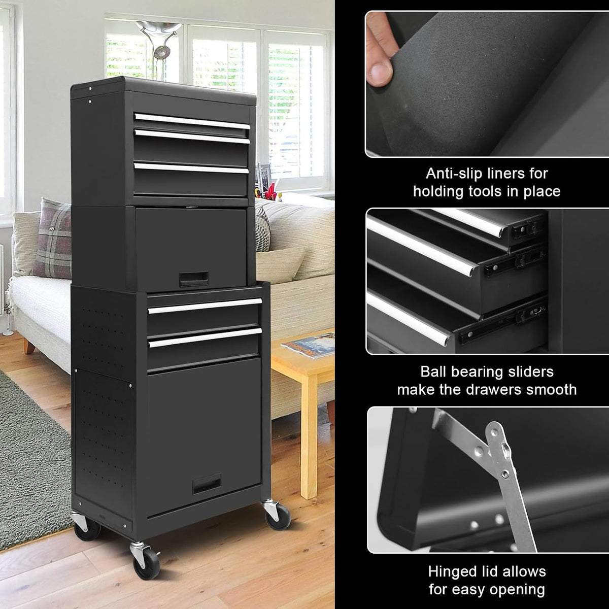 ATB225XBB Rolling Tool Chest for Home & Garage Workshop: 3-In-1 Tool Box Organizer with Lockable Wheels, Sliding Drawers and Detachable Top, Black