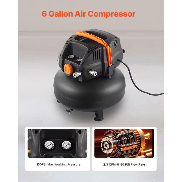 Portable Air Compressor Built for Shop Efficiency, 1.7HP Oil-Free Motor, 150 PSI Max Pressure, 6 Gallon Tank