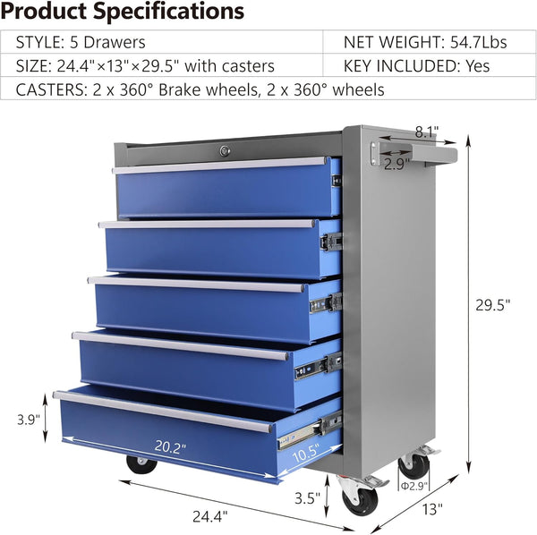 Rolling Tool Chest Built to Organize Workshops, 5 Drawers, Ball-Bearing Slides, Locking Storage, Steel
