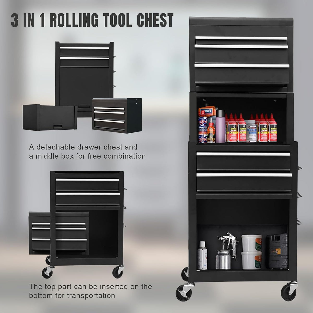 ATB225XBB Rolling Tool Chest for Home & Garage Workshop: 3-In-1 Tool Box Organizer with Lockable Wheels, Sliding Drawers and Detachable Top, Black