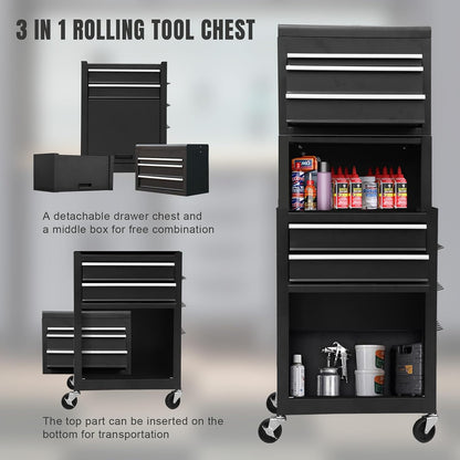ATB225XBB Rolling Tool Chest for Home & Garage Workshop: 3-In-1 Tool Box Organizer with Lockable Wheels, Sliding Drawers and Detachable Top, Black