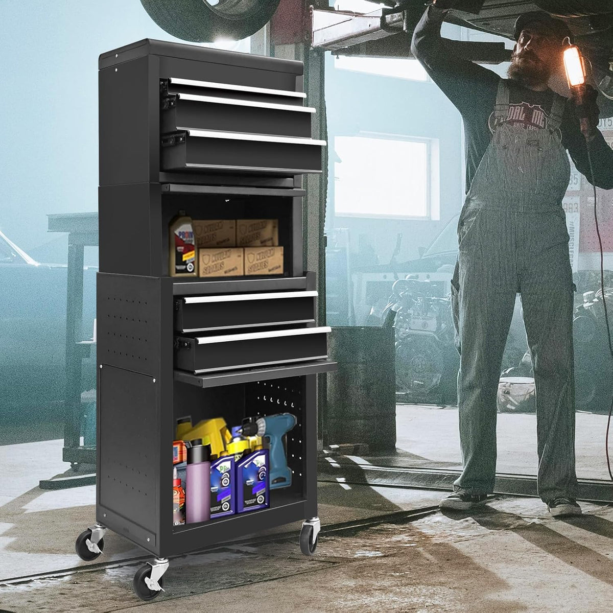 ATB225XBB Rolling Tool Chest for Home & Garage Workshop: 3-In-1 Tool Box Organizer with Lockable Wheels, Sliding Drawers and Detachable Top, Black