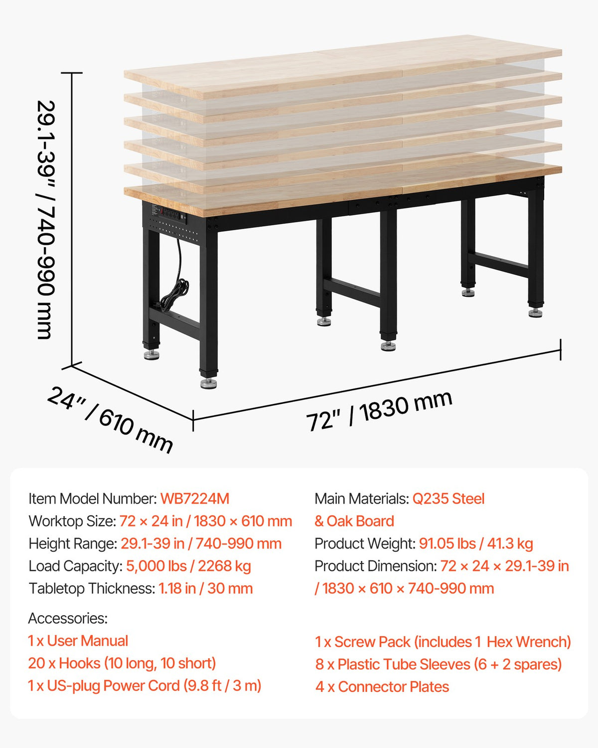 VEVOR Adjustable Workbench 72 X 24 in Oak Wood Top Workbench with Power Outlets
