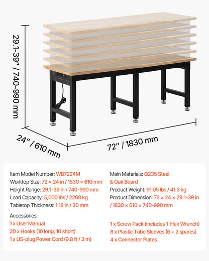 VEVOR Adjustable Workbench 72 X 24 in Oak Wood Top Workbench with Power Outlets