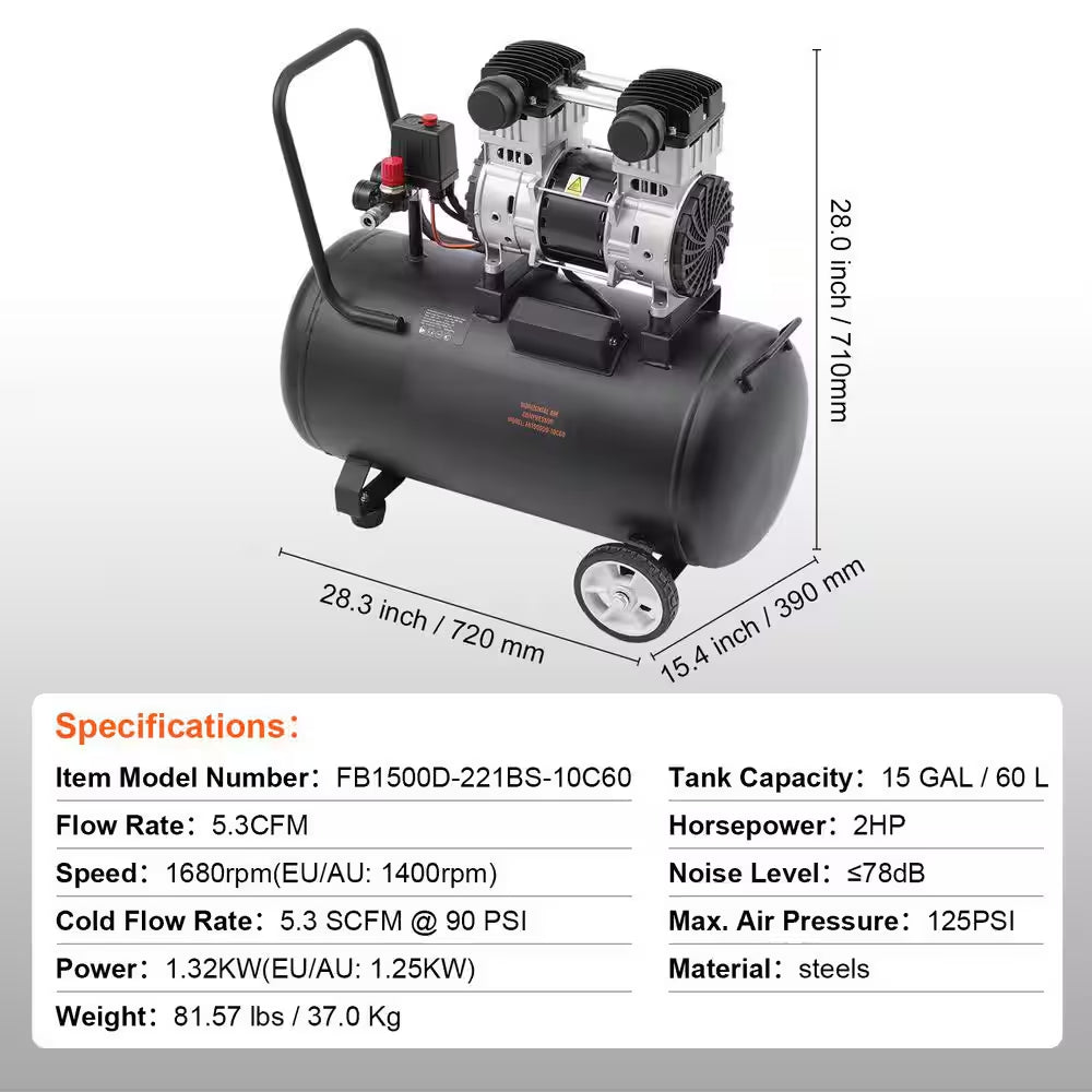 Air Compressor, 15 Gal. Steel Tank, 2HP 5.3 CFM@90 PSI Oil Free Air Compressor & Max. 125PSI Pressure, 78Db Compressor