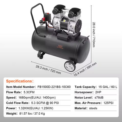 Air Compressor, 15 Gal. Steel Tank, 2HP 5.3 CFM@90 PSI Oil Free Air Compressor & Max. 125PSI Pressure, 78Db Compressor