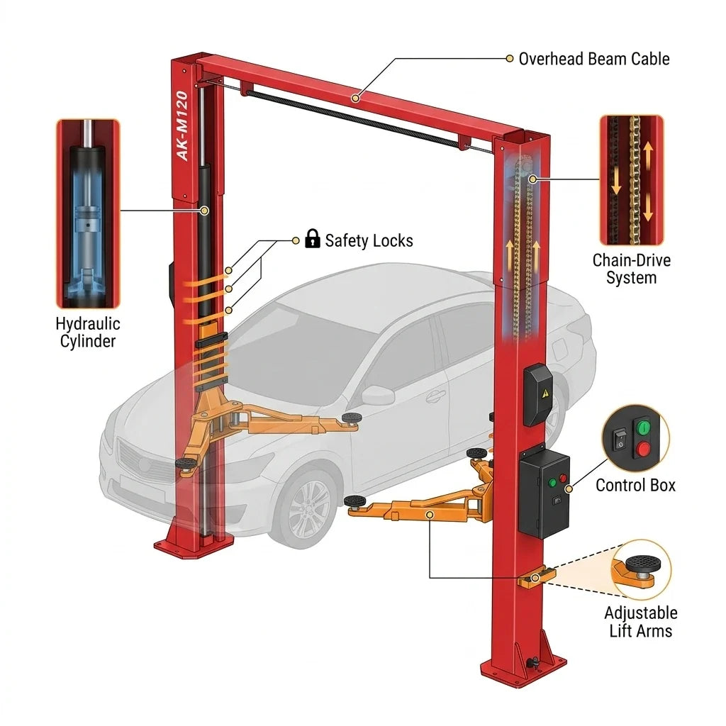 12000 Lbs Extra Height 167Inch 2 Post Lift Two Post Car Lift AK-M120 Auto Lift Car Lift Hoist 2 Post Car Lift (Extra Height, Red) — How It Works