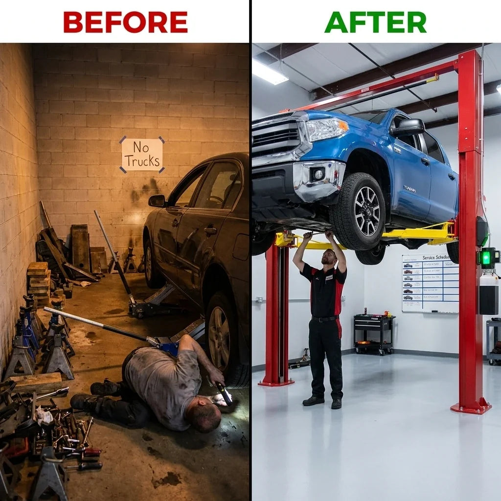 2-Post Car Lift Built for Professional Service, 12000 Lb Capacity, 70.87 Inch Height, Dual Hydraulic Drive — Before & After