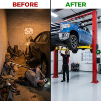 2-Post Car Lift Built for Professional Service, 12000 Lb Capacity, 70.87 Inch Height, Dual Hydraulic Drive — Before & After