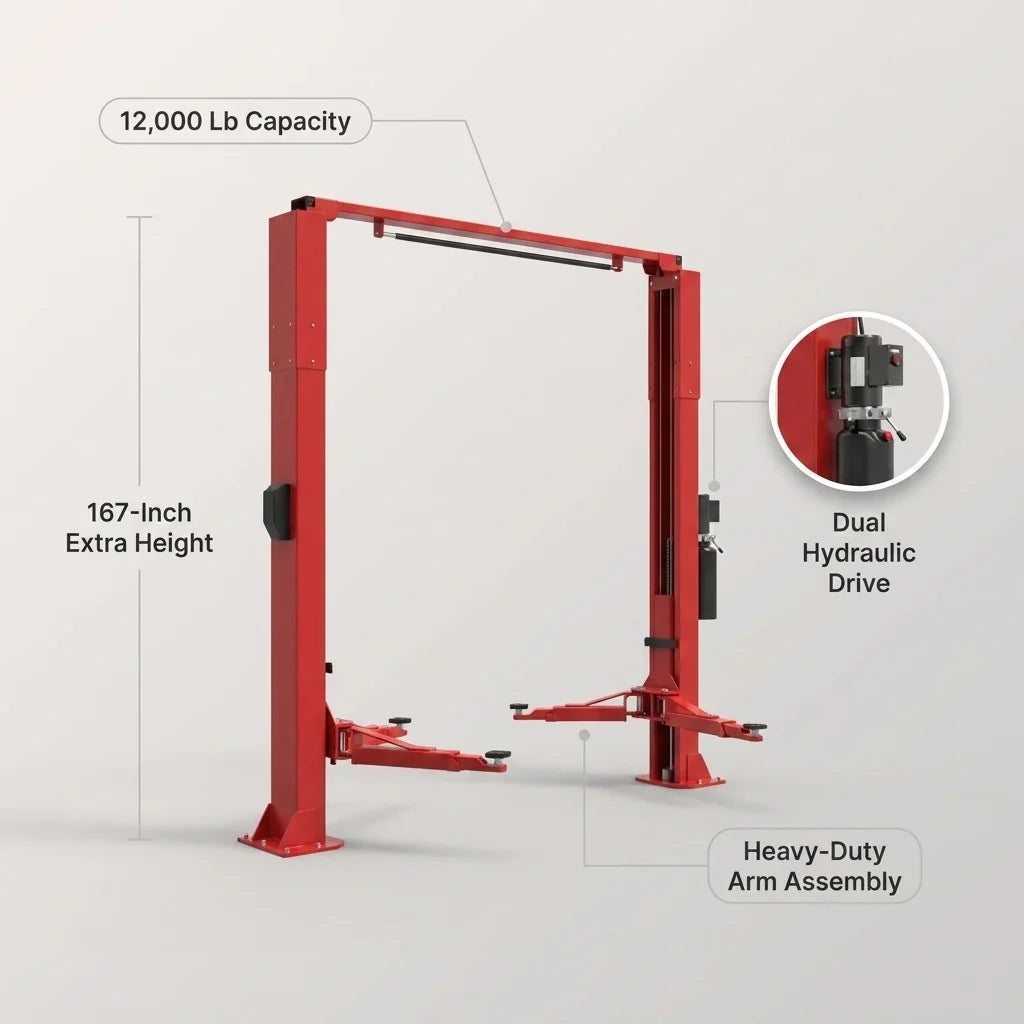 2-Post Car Lift Built for Professional Service, 12000 Lb Capacity, 70.87 Inch Height, Dual Hydraulic Drive — infographic