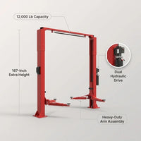 2-Post Car Lift Built for Professional Service, 12000 Lb Capacity, 70.87 Inch Height, Dual Hydraulic Drive — infographic